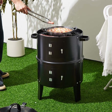 3-in-1 Vertical Charcoal Braai & Smoker BBQ Grill with Thermometer