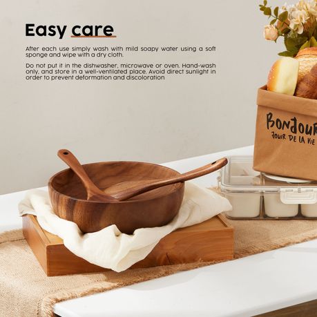 Chenshia Acacia Wood Salad Bowl With Fork Spoon Natural Tableware -23.7cm