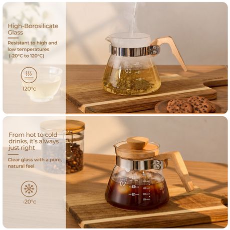 600ml Glass Pour Over Coffee Server With Wooden Handle & Spout