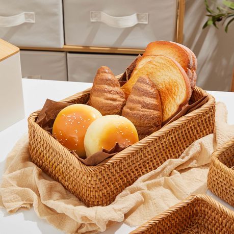 Rattan Storage Baskets 3Pc Handwoven Rectangular Nesting Wicker Trays