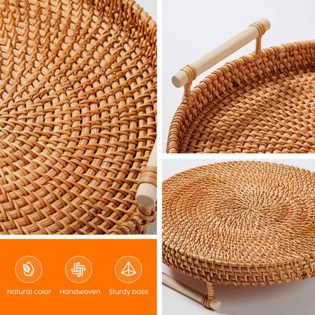 Kitchen Rattan Serving Tray Baskets with Bamboo Handles - 3Pc