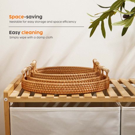 Kitchen Rattan Serving Tray Baskets with Bamboo Handles - 3Pc