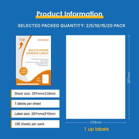 Chenshia 1UP Label Sheet Paper - 1Up Label Self Adhesive A4 Size - 1000 Pack