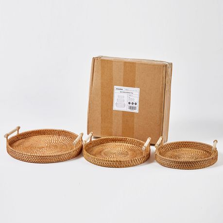 Kitchen Rattan Serving Tray Baskets with Bamboo Handles - 3Pc