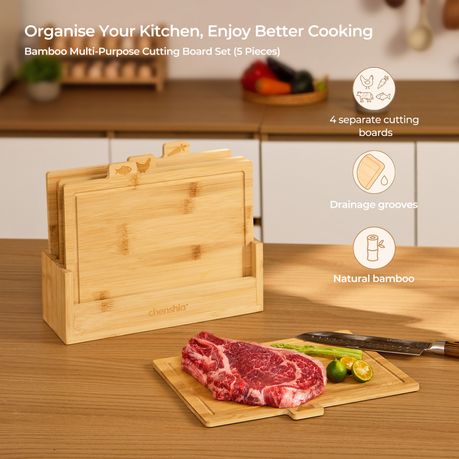 5-Piece Bamboo Chopping Board Set with Stand