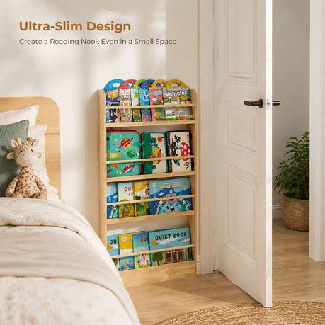 Solid Pine Kids Bookshelf | 4-Tier Front-Facing Display Rack