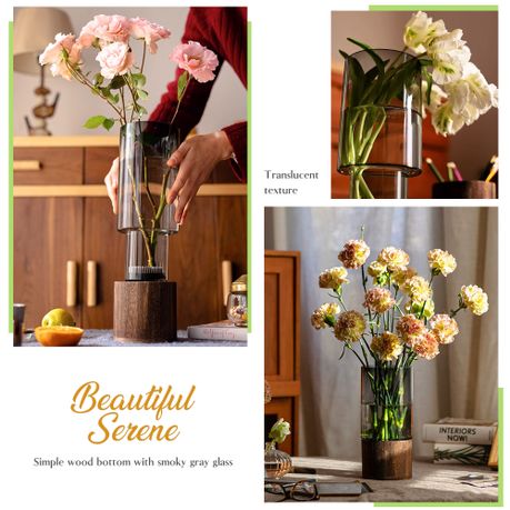 Clear Glass Vase Tung Wood Base Floral Arrangement Holder