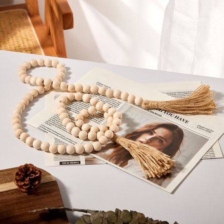 2-Piece Farmhouse Wood Beads Garland with Tassels Boho Home Decor