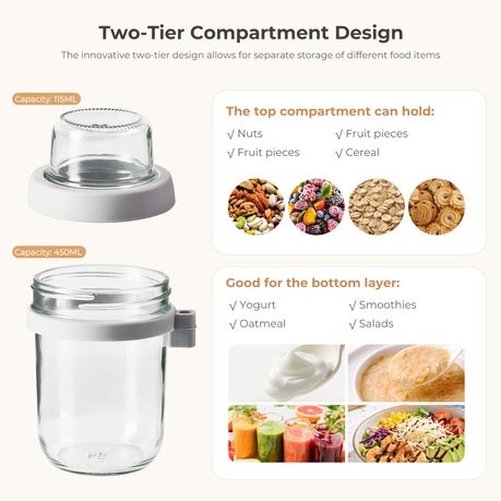 2-Pack Glass Overnight Oats Jars with Lids & Spoons | 450 ml + 115 ml Topping Cup