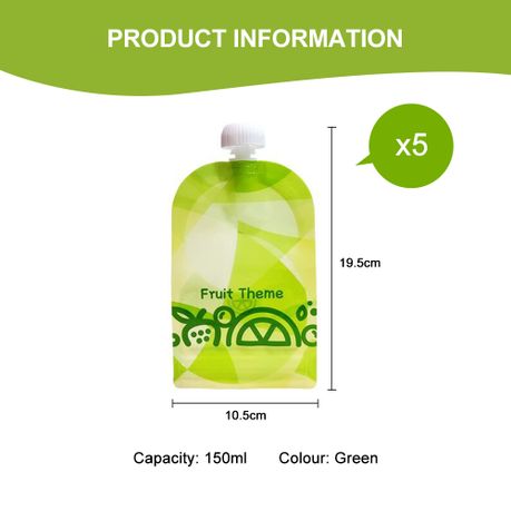 150ml Green Reusable Baby Puree Pouch (5 Pack)