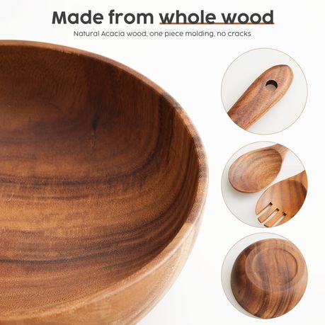 Chenshia Acacia Wood Salad Bowl With Fork Spoon Natural Tableware -23.7cm