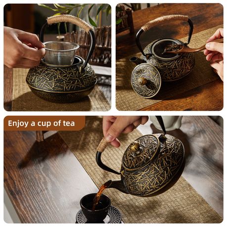 900ml Black & Gold Cast Iron Teapot