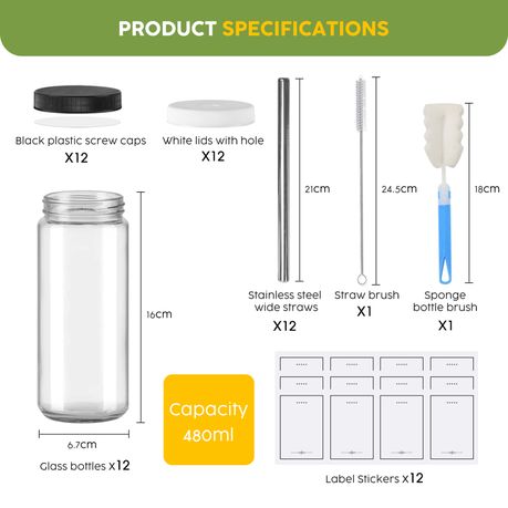 Chenshia 12pc Glass Juice Bottles - 480ml