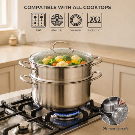 Stainless Steel Steamer Pot with Glass Lid - 5.8 L