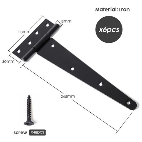 Heavy-Duty Black T-Strap Tee Hinges - 6 Pack