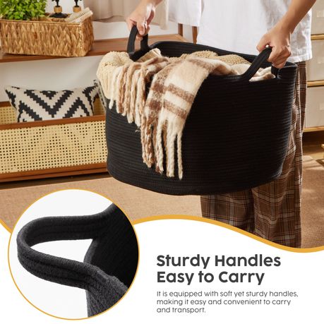 90L Woven Laundry Basket Foldable Storage Hamper Decor Organiser - Black