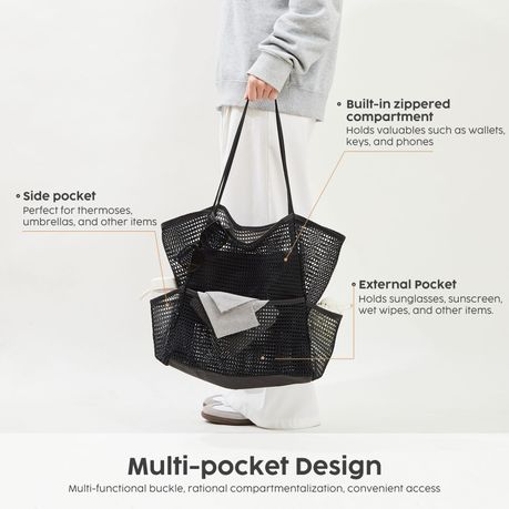 Mesh Multi-Pocket Beach Tote Foldable Nylon Travel Shoulder Bag