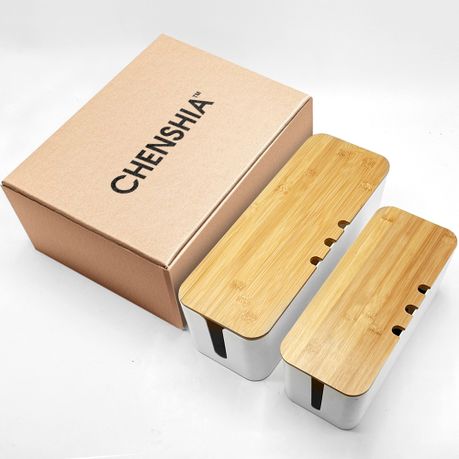 Airtight Cable Storage Box Set of 2 with Bamboo Lids | White