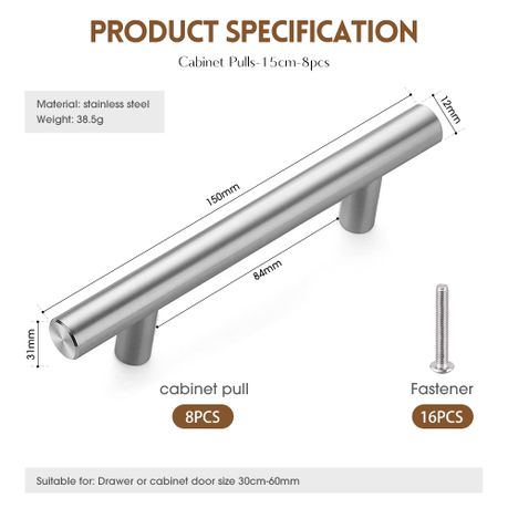 Cabinet Handles 8-Pack Stainless Steel 96mm Kitchen Pulls