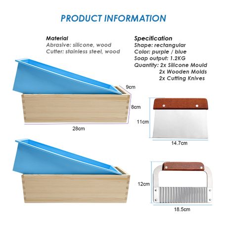 Chenshia 2-Piece Rectangular Silicone & Wood Soap Making Moulds&Soap Cutter - Blue