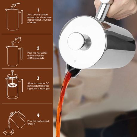 1L Stainless Steel French Press Coffee & Tea Brewer Pot