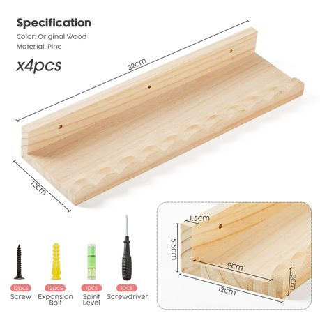 Wooden Wall-Mounted Floating Bookshelf - 4-Pack