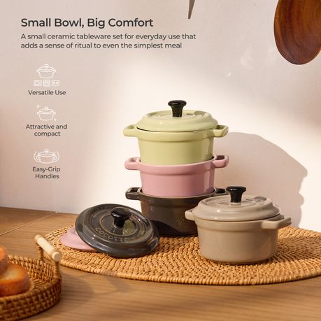 Grey Ceramic Ramekin Dishes with Lids Set - 220ml