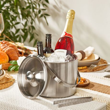3L Stainless Steel Double Wall Ice Bucket with Lid, Tongs & Strainer