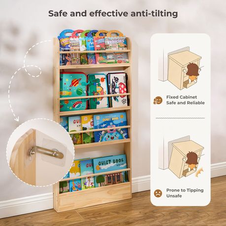 Solid Pine Kids Bookshelf | 4-Tier Front-Facing Display Rack