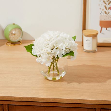 Artificial Hydrangea Flowers with Clear Glass Vase