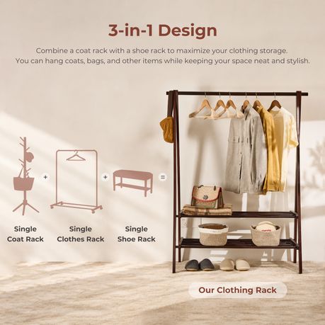 Solid Wood Freestanding Clothes Rack with Double Rail