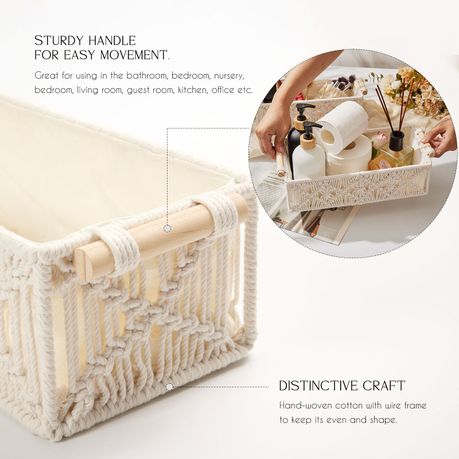 Boho Cotton Rope Storage Basket Woven Macrame Organizer Bin Twin Pack