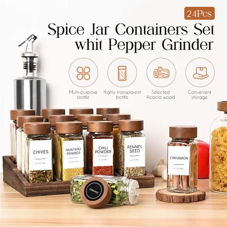 Chenshia 24-Piece Spice Jar Set Walnut Lids-Labels, Grinder, Pen & Funnel