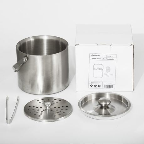 3L Stainless Steel Double Wall Ice Bucket with Lid, Tongs & Strainer