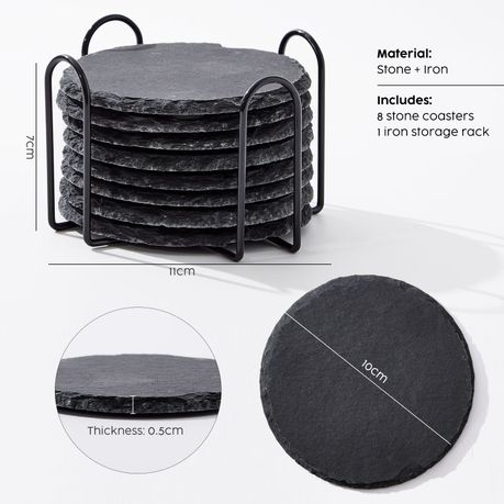 8Pc Round Slate Coaster Set