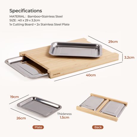 Bamboo Cutting Board with 2 Pull-Out Stainless Steel Trays