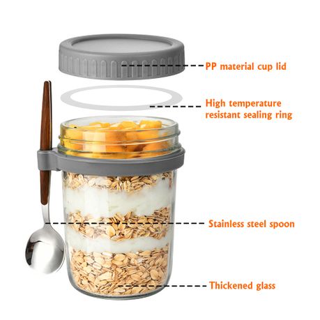 350ml Glass Overnight Oats Jars with Lids and Spoons - 2 Pack