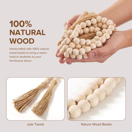 2-Piece Farmhouse Wood Beads Garland with Tassels Boho Home Decor
