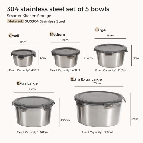 Stainless Steel Nesting Food Storage Container - Set of 5