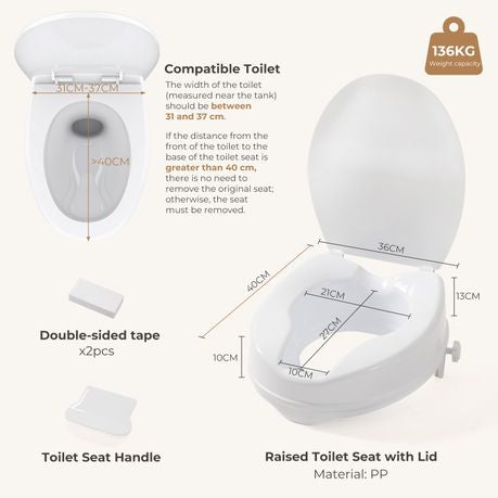 Raised Toilet Seat 10cm Elevated Riser Tool Free Bathroom Support