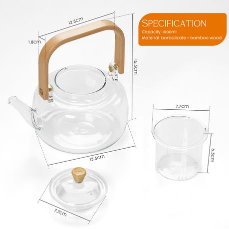 1L Borosilicate Glass Teapot with Bamboo Handle & Glass Infuser