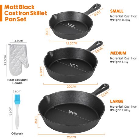 Cast Iron Skillet Pan Set 3-Piece Pre Seasoned Frying Grill Cookware