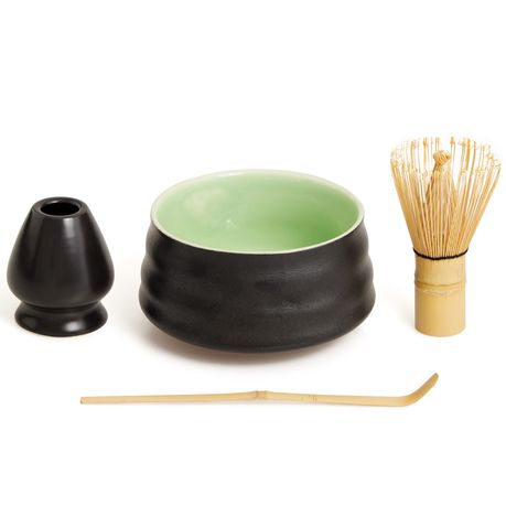 Japanese Matcha Gift Set - 4Pc Ceramic Bowl, Bamboo Whisk & Stand Spout
