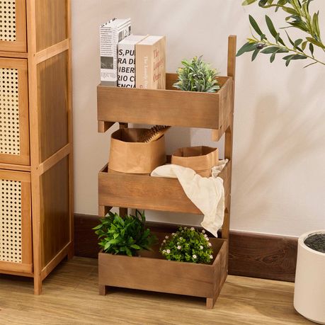 3-Tier Pine Wood Basket Display Stand Storage Shelf