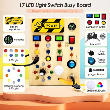 Montessori Busy Board LED Lights Wooden Switch Sensory Travel Toy