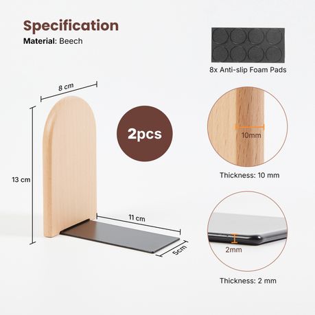 L-Shaped Beech Wood & Metal Bookend Set