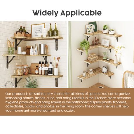 Wall Mounted Floating Corner Shelf Wooden Storage Rack Display Unit - 4 Pack