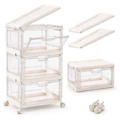 Chenshia 4-Tier Foldable Stackable Storage Box with Wheels & Magnetic Door