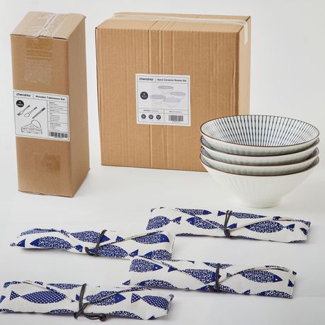 Chenshia 16pc Japanese Ramen Bowl Set 800ml & Wood Cutlery Kit