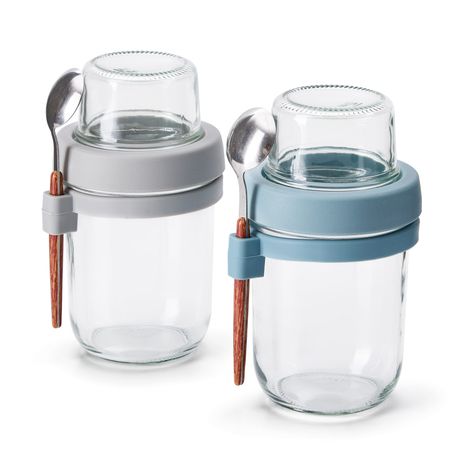 2-Pack Glass Overnight Oats Jars with Lids & Spoons | 450 ml + 115 ml Topping Cup